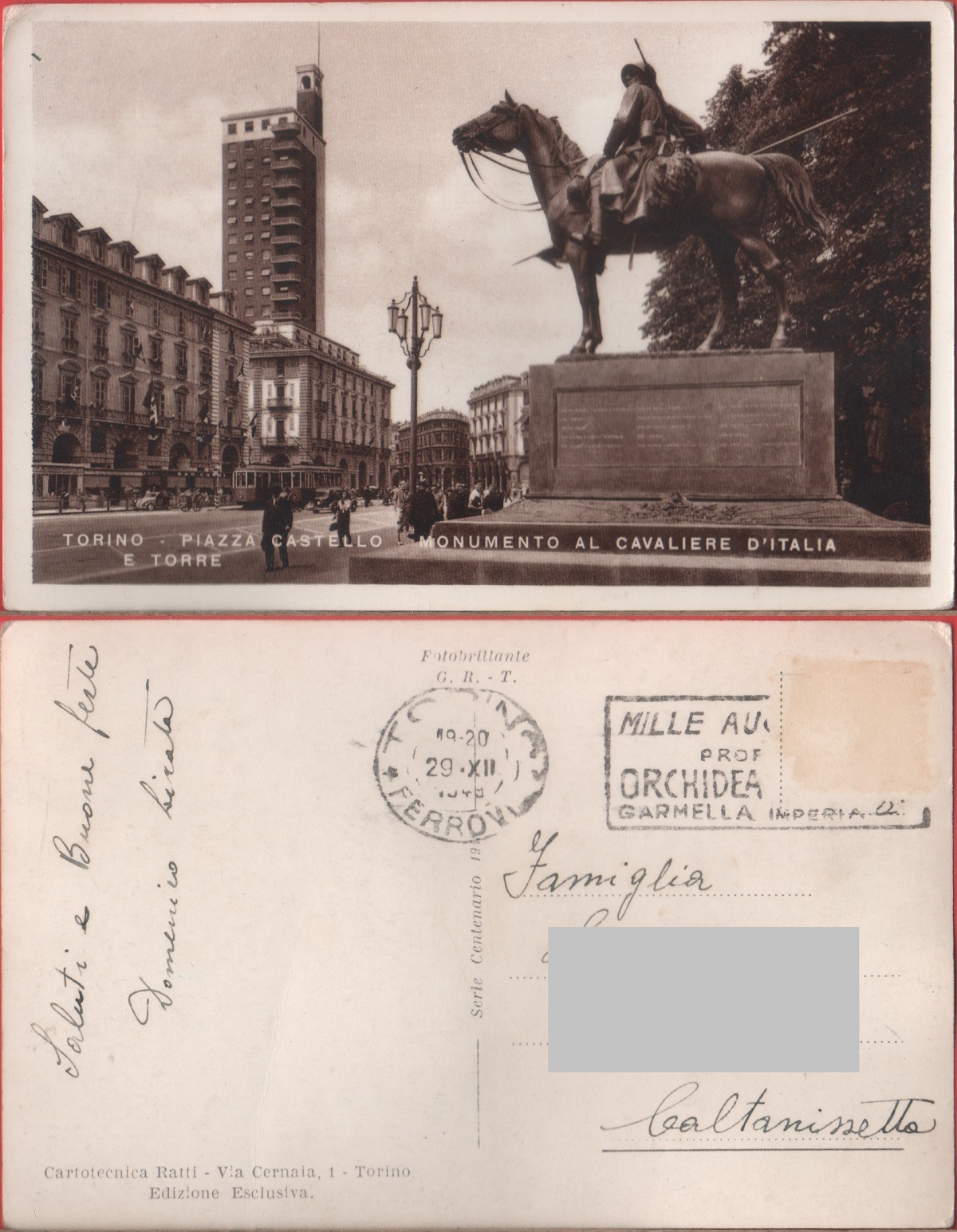 Torino. Piazza Castello. Monumento al Cavaliere d'Italia e Torre. Viaggiata …