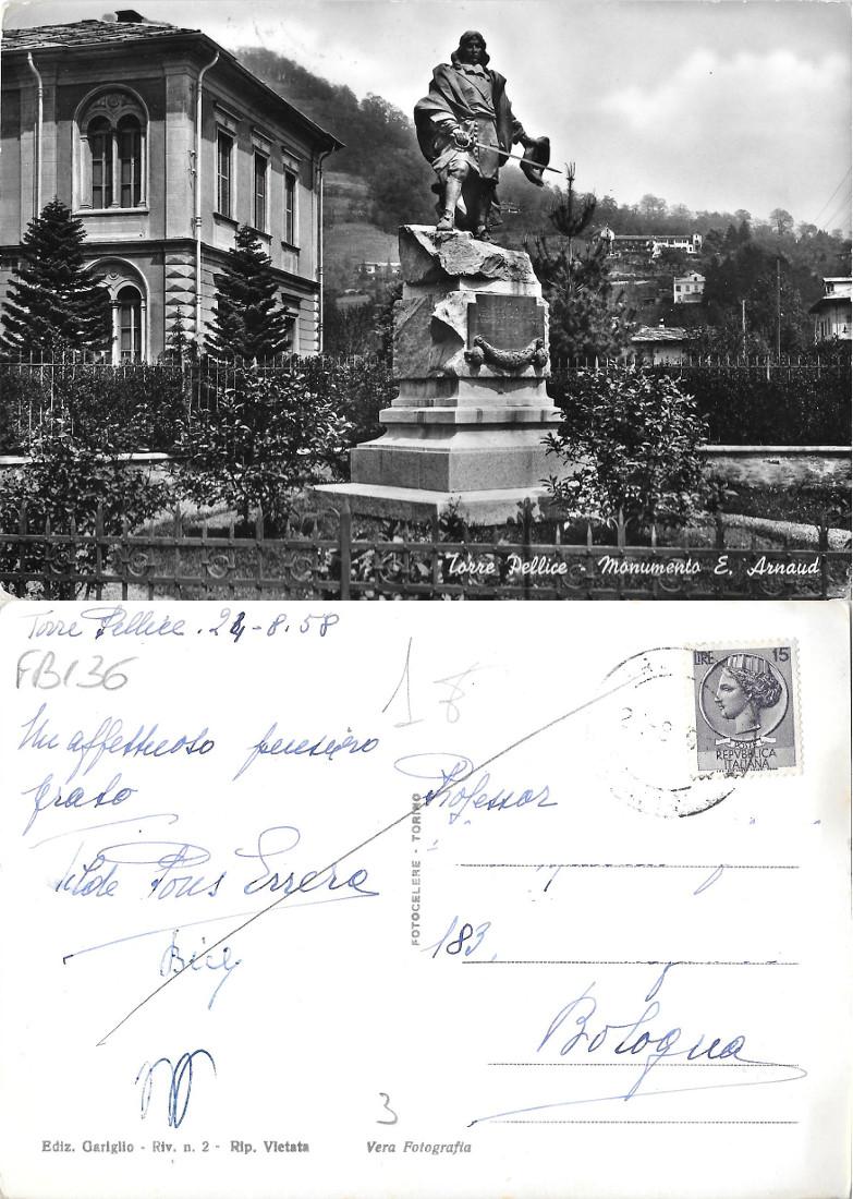 Torre Pellice. Monumento E. Arnaud. Viaggiata 1958