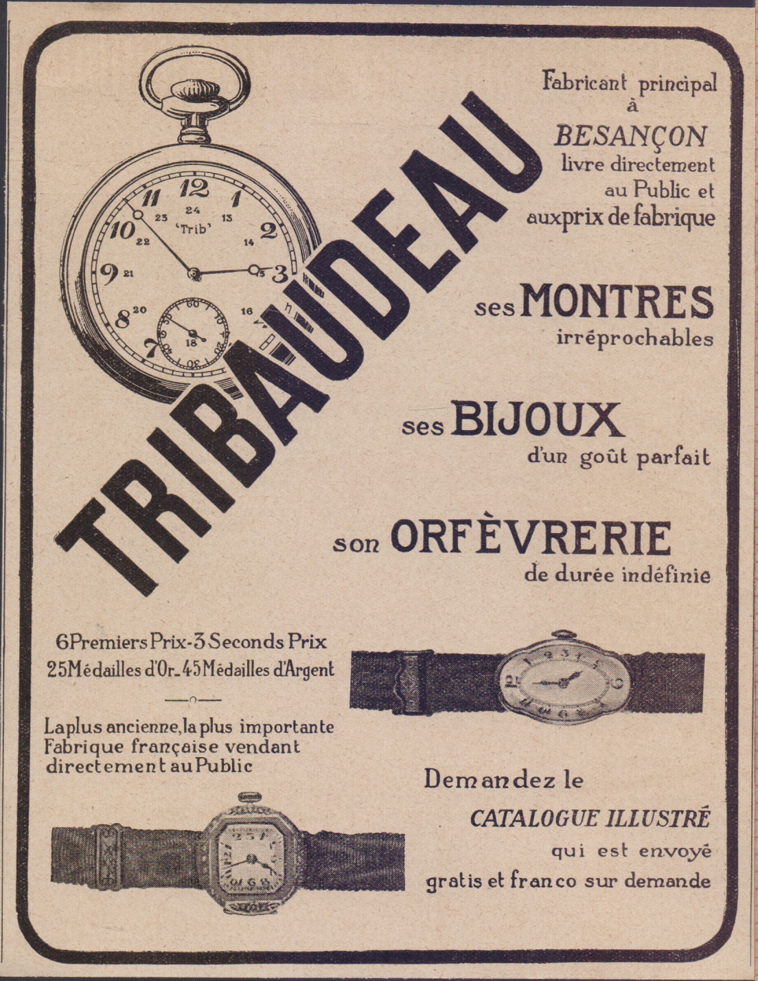 Tribaudeau, montres, bijoux, orfevrerie. Advertising 1923