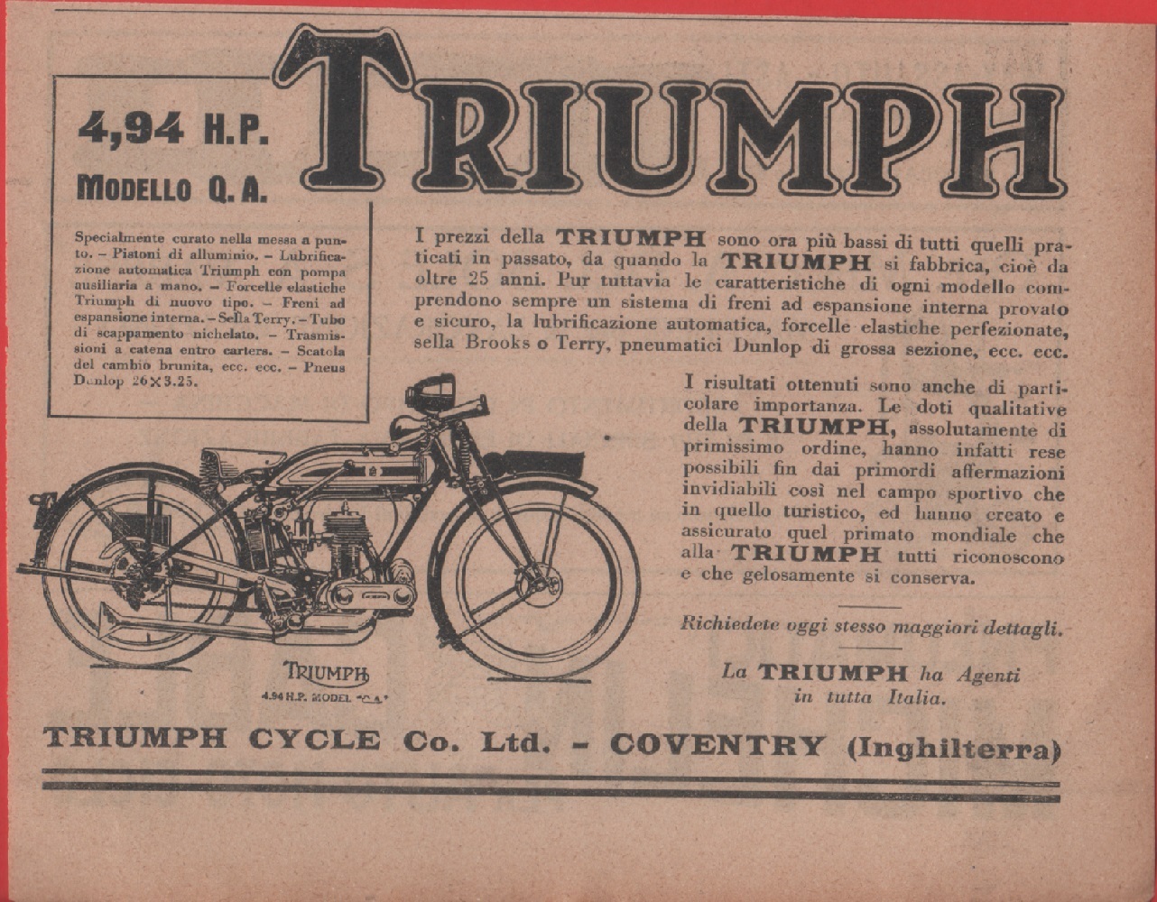 Triumph. 4,94 HP Modello Q.A. Advertising 1926