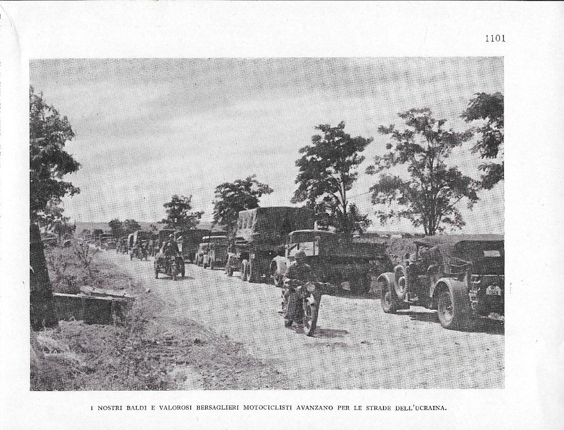 Ucraina. Bersaglieri motociclisti / Carriaggi tedeschi diretti al fronte. Stampa1941 …