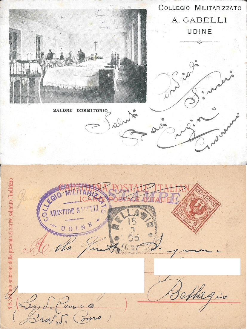 Udine. Collegio Militarizzato A. Gabelli. Salone Dormitorio. Viaggiata1905