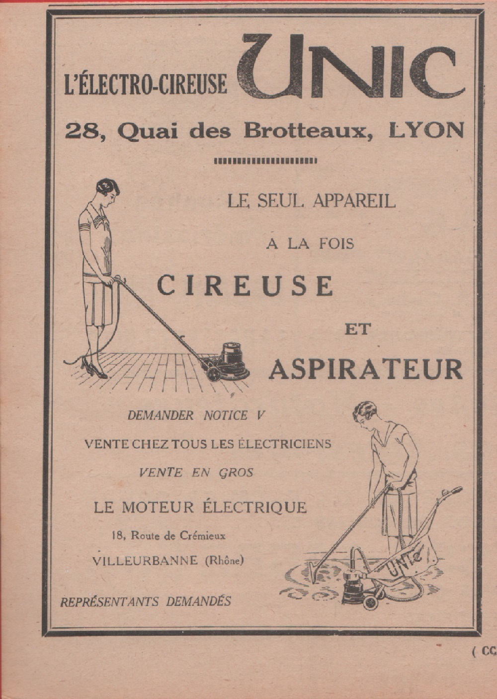 Unic. Cireuse et aspirateur. Advertising 1928