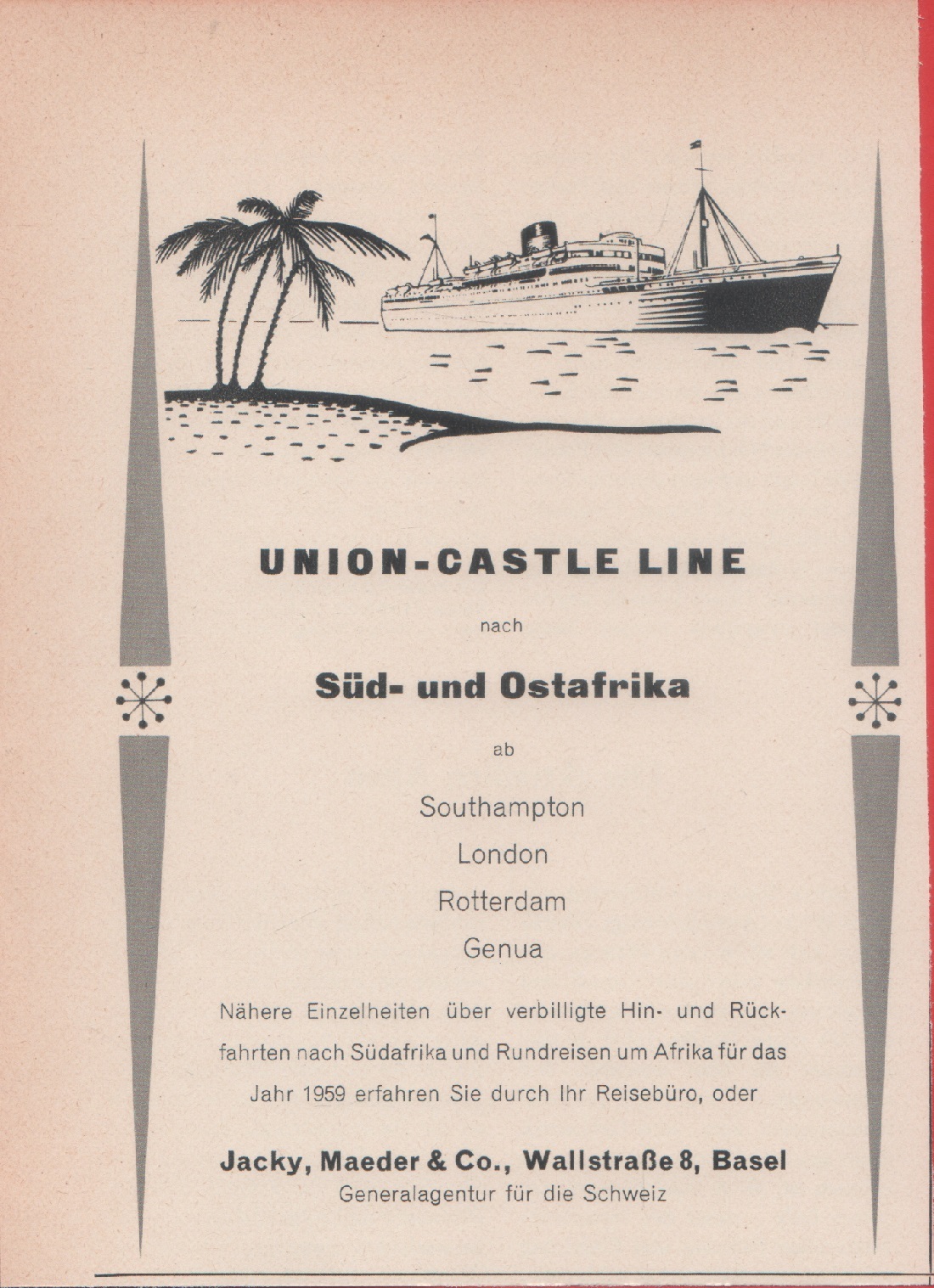 Union-Castle Line nach Sud- und Ostafrika. Advertising 1958