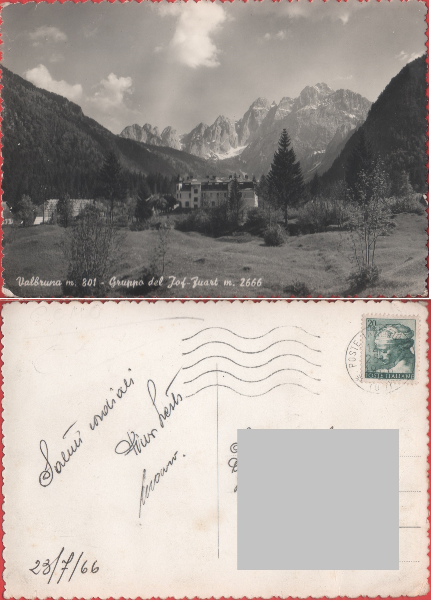 Valbruna (UD). Gruppo del Jof-Fuart. Viaggiata 1966