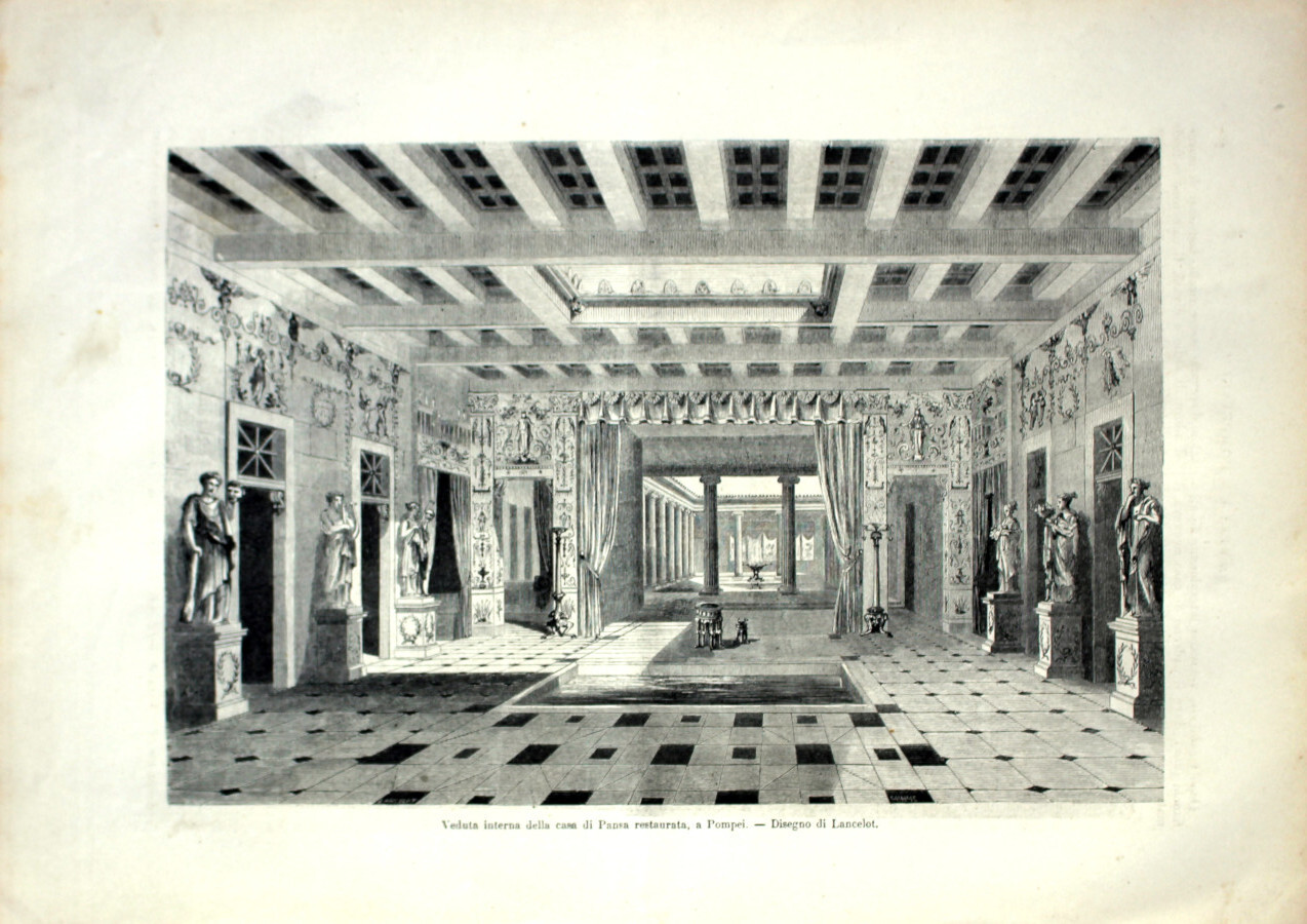 Veduta interna della casa di Pansa restaurata a Pompei. Stampa …