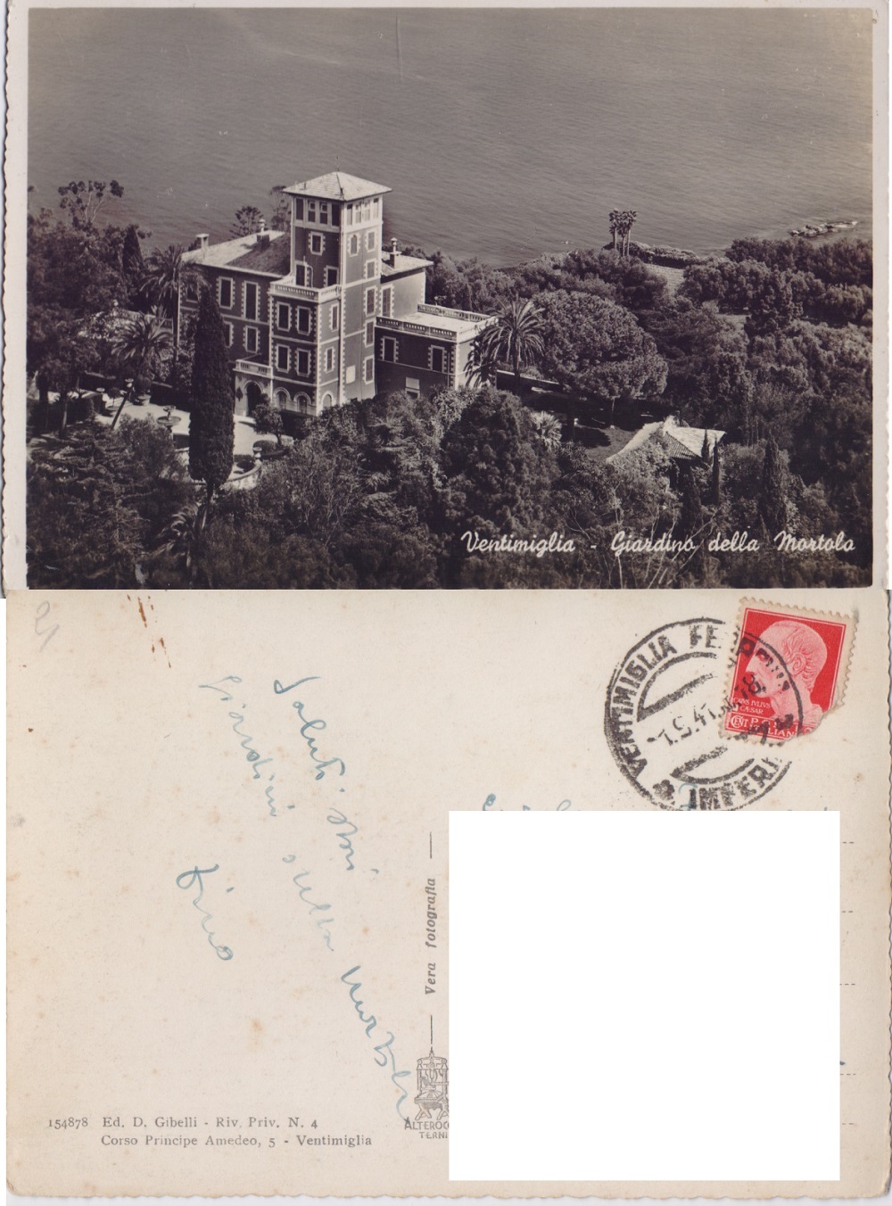 Ventimiglia (IM). Giardini della Mortola. Viaggiata 1941
