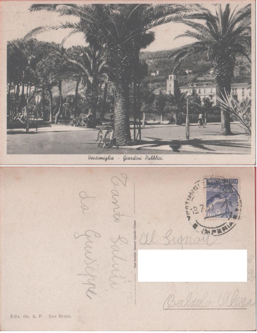 Ventimiglia (IM). Giardini pubblici. Viaggiata 1949