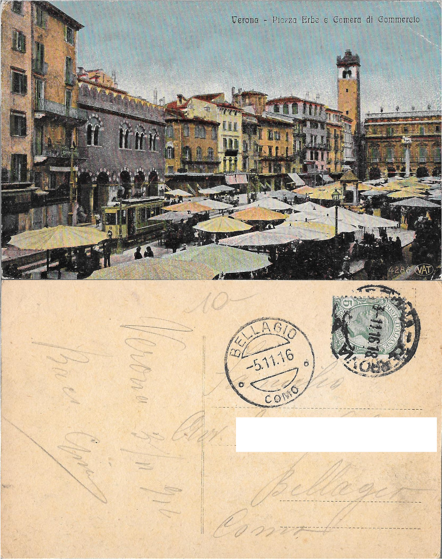 Verona. Piazza Erbe e Camera di Commercio. Viaggiata 1916