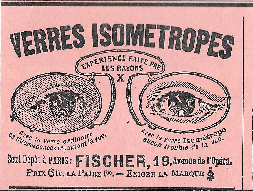 Verres isometropes. Fischer Paris. Advertising 1900
