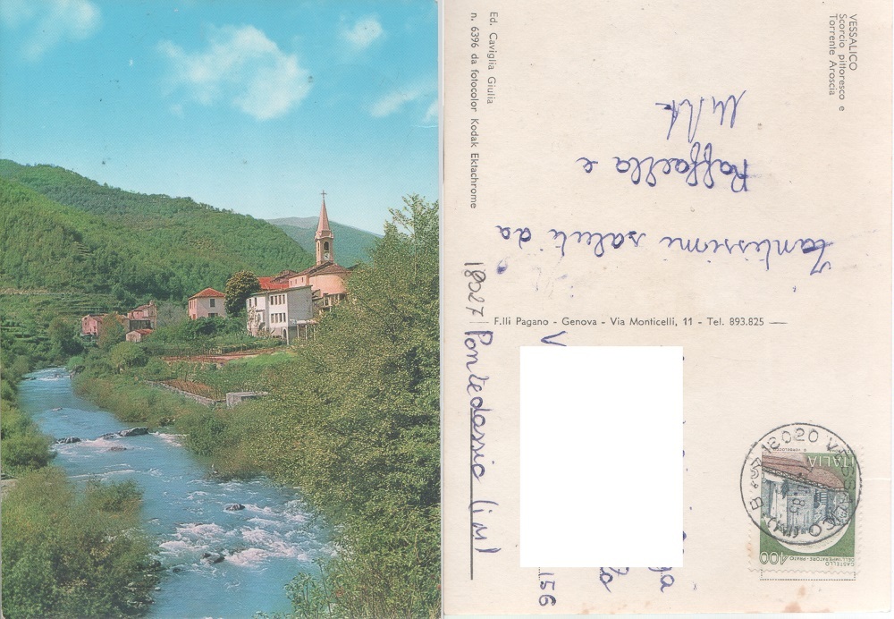 Vessalico (IM). Scorcio pittoresco e torrente Arroscia. Viaggiata 1985