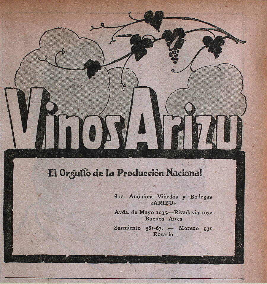Vinos Arizu. Buenos Ayres, Rosario - Advertising 1922