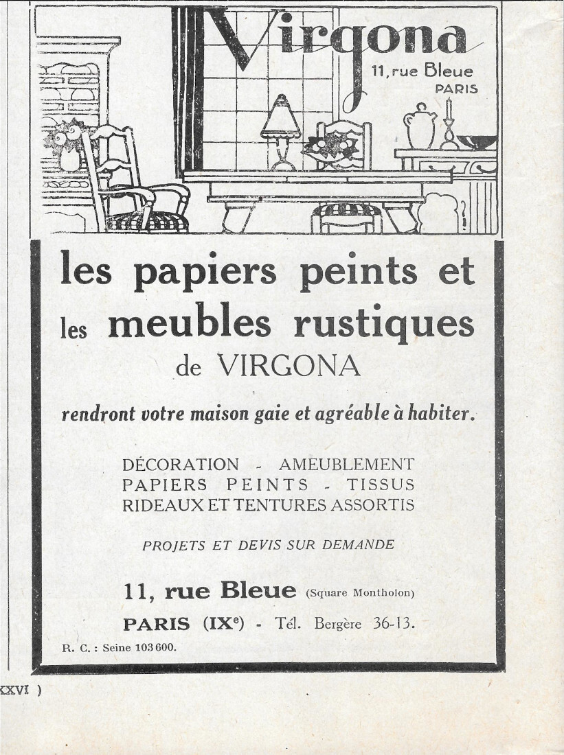 Virgona Paris. Papier peints et meubles rustiques - Advertising 1924