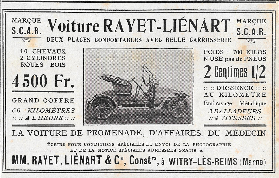 Voiture Rayet Liénart marque SCAR - Advertising 1910