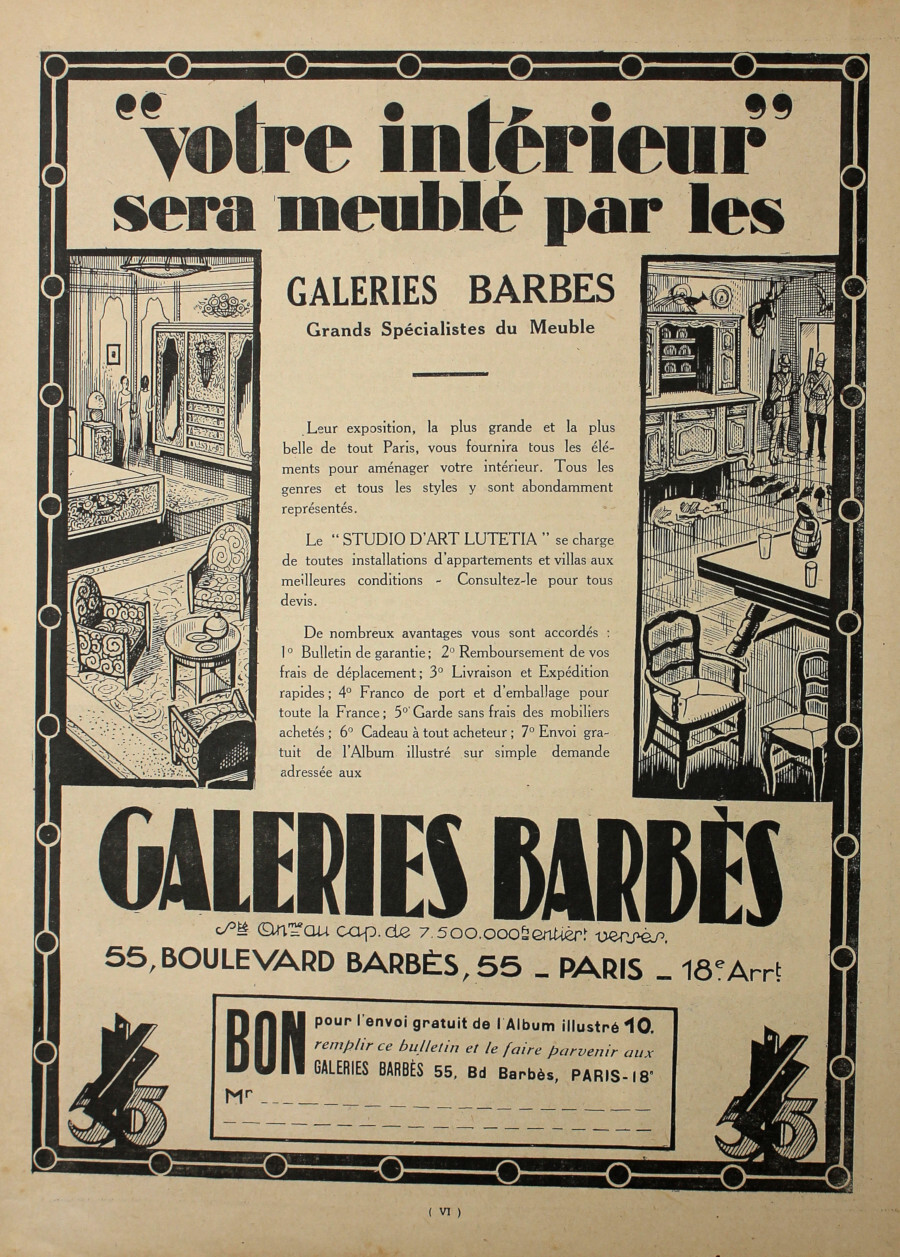 Votre interieue sera meubles par les Galeries Barbes. Advertising 1927