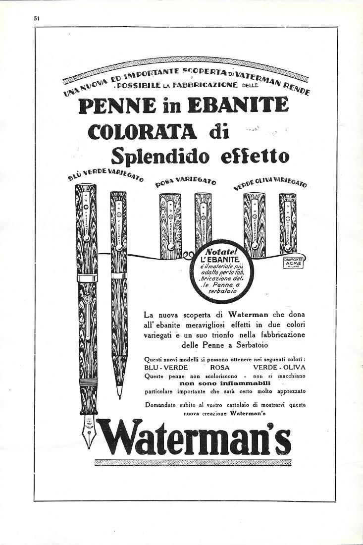 Waterman's. Penne in ebanite colorata. Advertising 1930