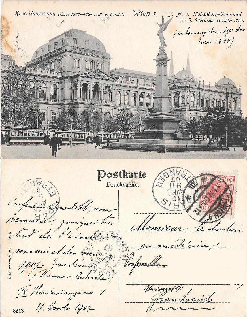 Wien, Universitat mit Liebenberg-Denkmal. Viaggiata 1907