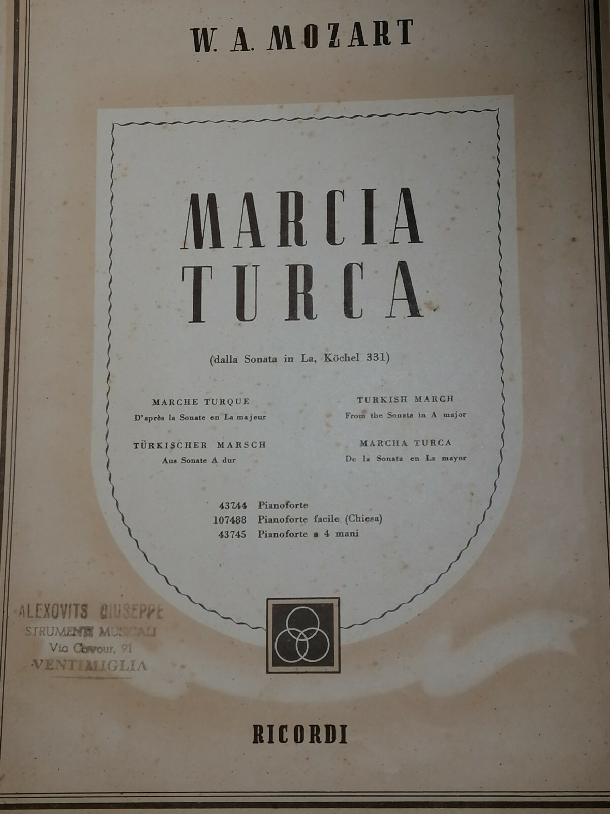WOLFGANG AMADEUS MOZART MARCIA TURCA 1944 Spartito per PIANOFORTE (Ricordi)