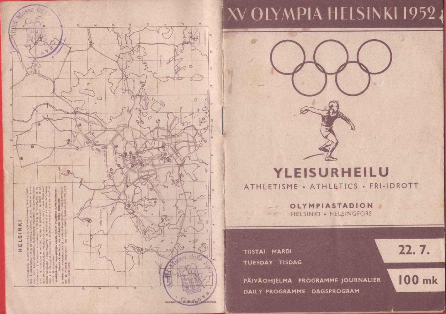 XV Olimpiade. Helsinki 1952. Due programmi giornalieri gare di atletica