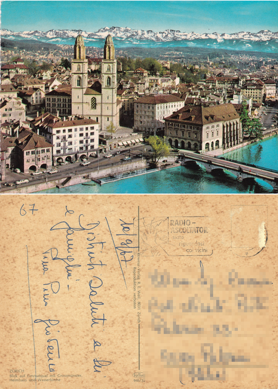 Zurich. Blick auf Eimmatquai mit Grossmunster. Viaggiata 1967