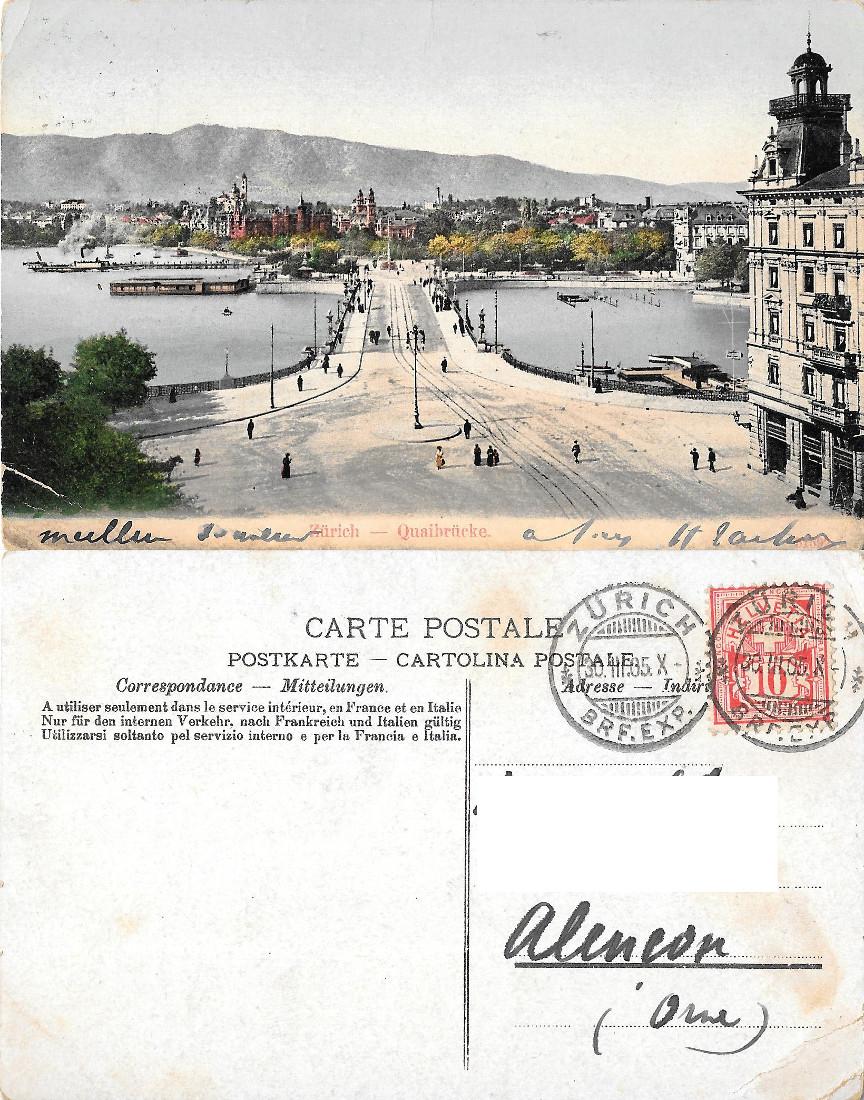 Zürich. Quaibrücke. Viaggiata 1905, colorata