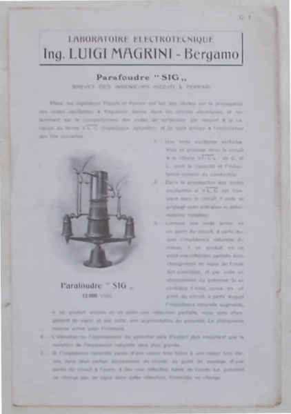 Parafoudre "SIG" Brevet des Ingeniurs Pizzuti & Ferrari. Laboratoire Electrotechnique …