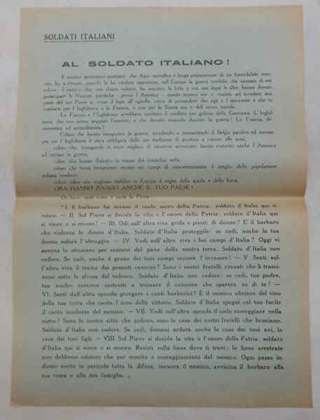 Al Soldato Italiano. (Prima Guerra Mondiale, fronte del Piave: volantino …