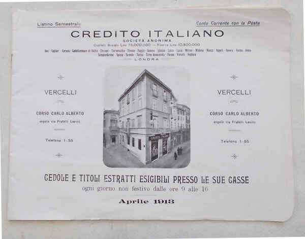Credito Italiano. Listino Semestrale. Vercelli Corso Carlo Alberto angolo via …