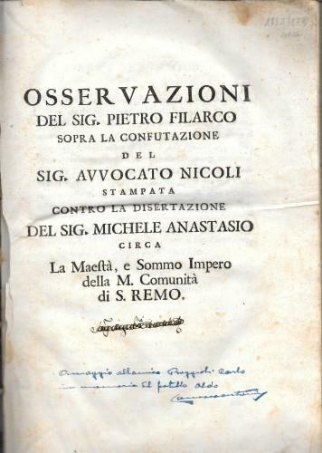Osservazione del sig. Pietro Filarco sopra la confutazione del sig. …