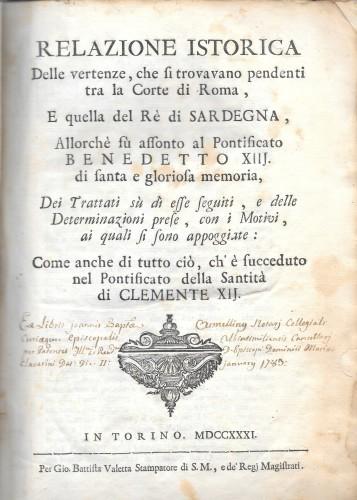 Relazione istorica delle vertenze, che si trovano pendenti tra la …