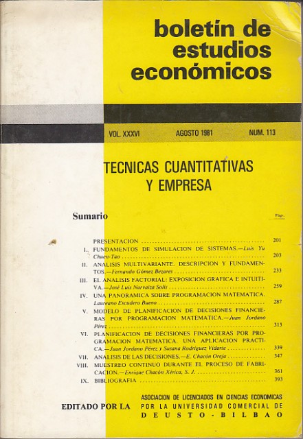 BOLETÍN DE ESTUDIOS ECONÓMICOS. TECNICAS CUANTITATIVAS Y EMPRESA. VOL 113