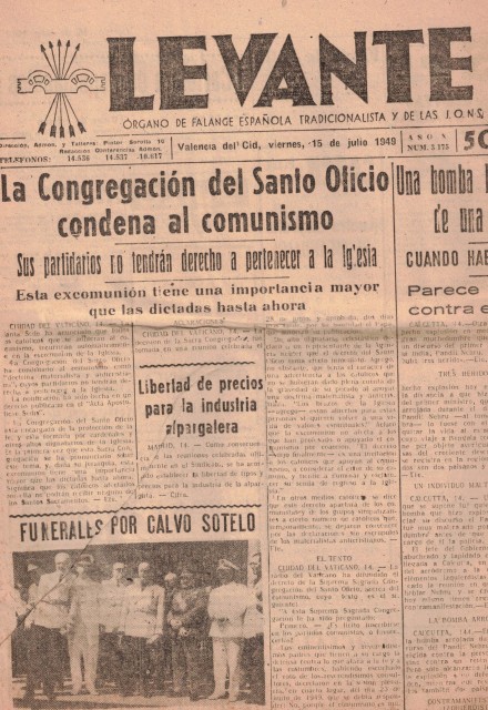 LEVANTE 15 JULIO 1949 (ÓRGANO DE FALANGE ESPAÑOLA TRADICIONALISTA Y …