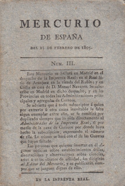 MERCURIO DE ESPAÑA. 15 FEBRERO DE 1805. (NUM III)