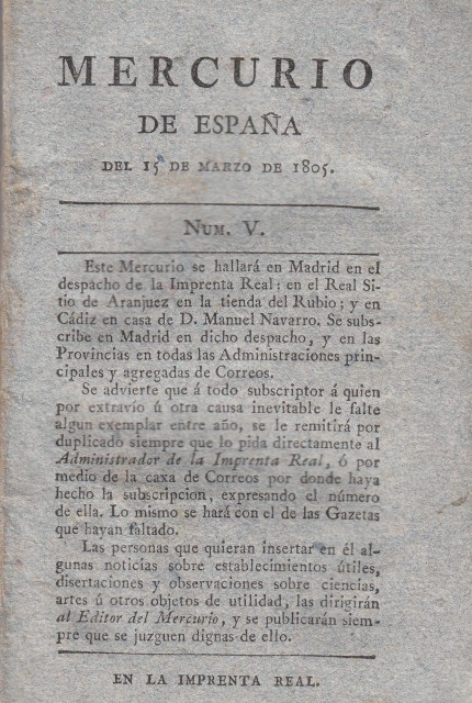 MERCURIO DE ESPAÑA. 15 MARZO DE 1805. (NUM V)