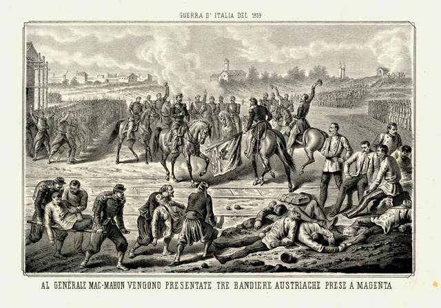Al Generale Mac-Mahon vengono presentate tre bandiere austriache prese a …