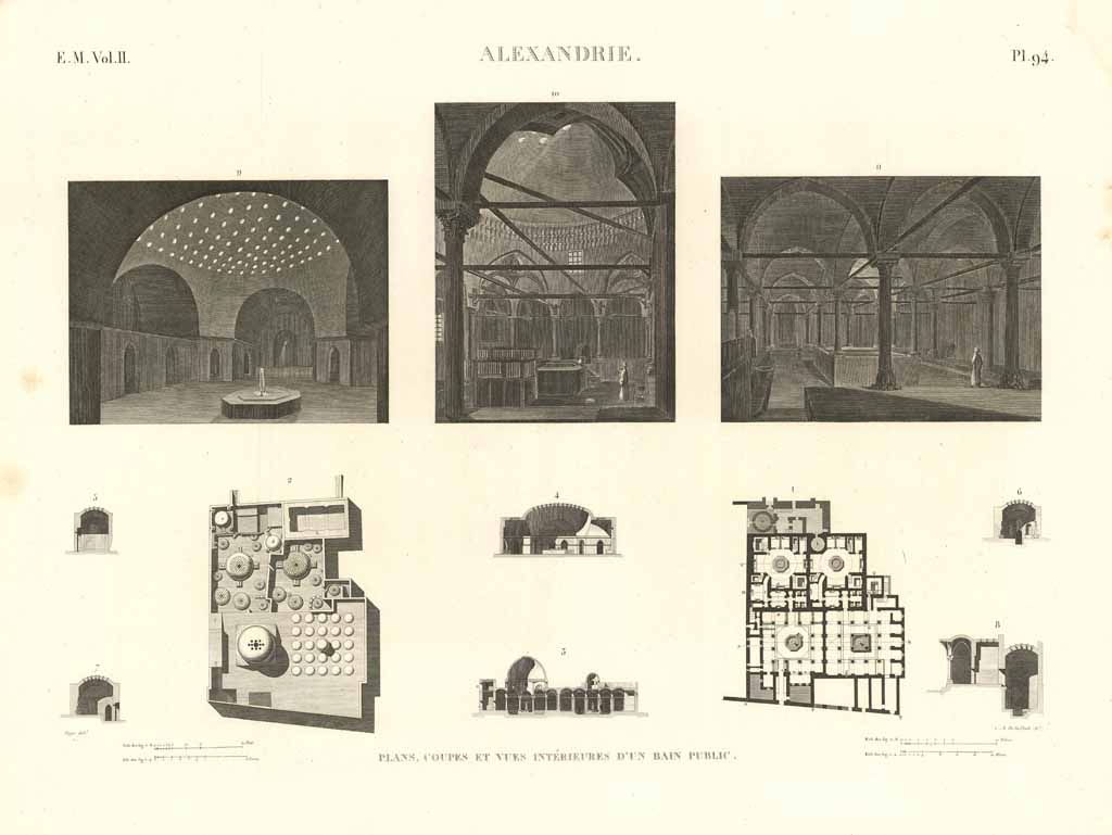 Alexandrie - Plans, coupies et vues intérieures d'un bain public.