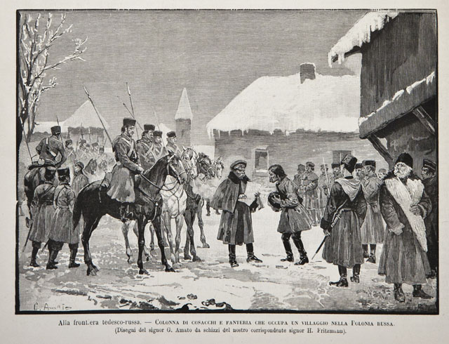 Alla frontiera tedesco-russa.- Colonna di cosacchi e fanteria che occupa …