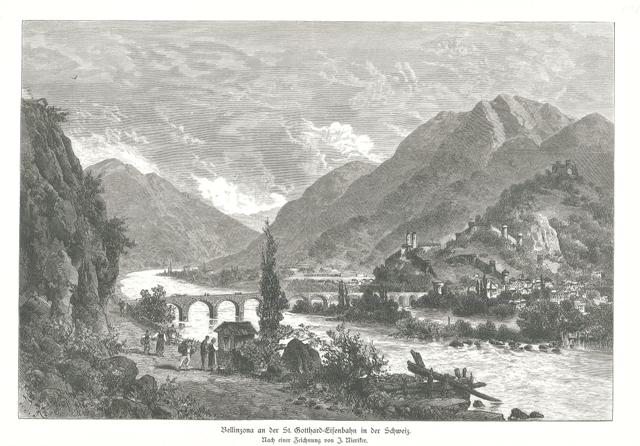 Bellinzona an der St. Gotthard=Eisenbahn in der Schweiz.
