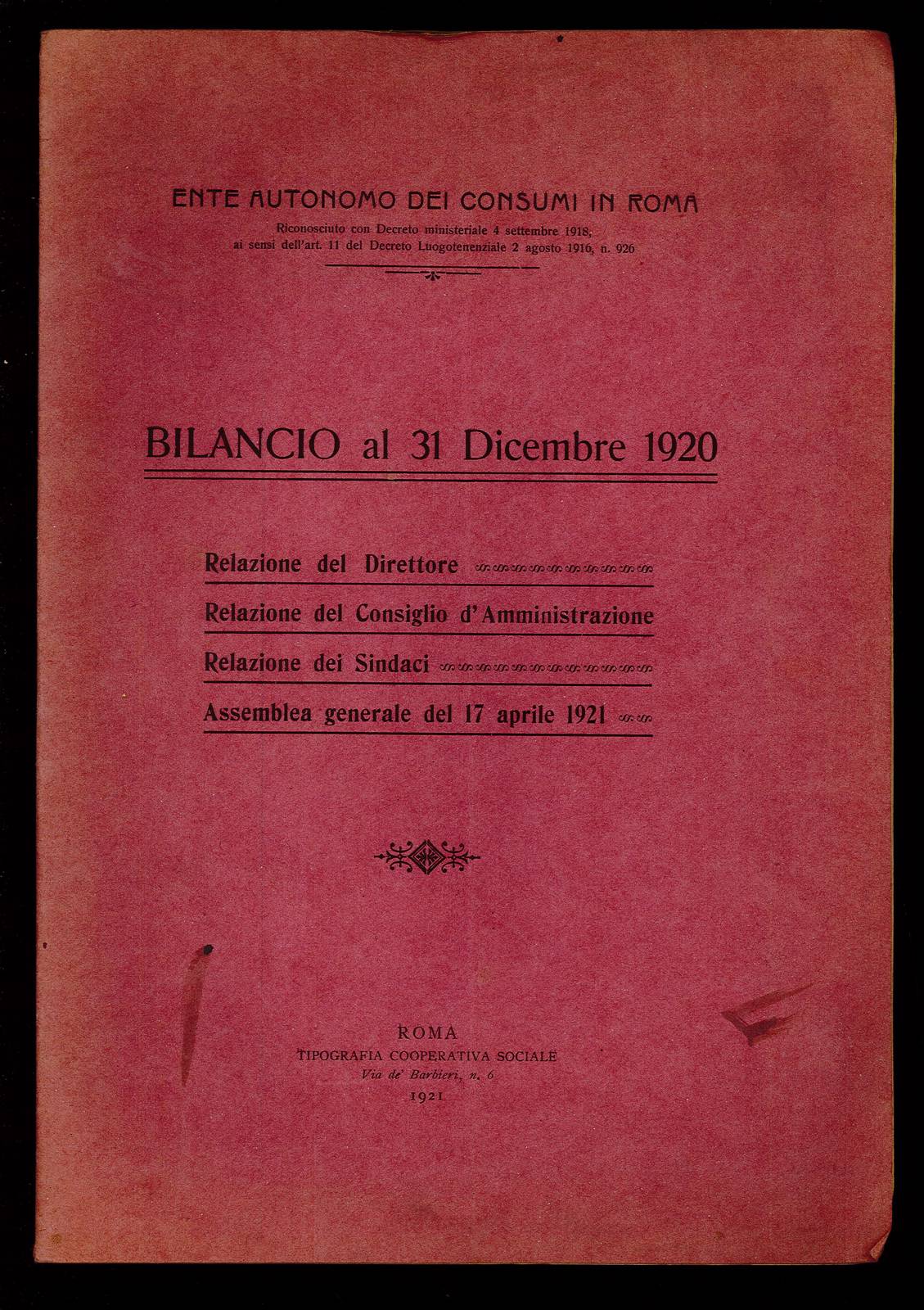 Bilancio al 31 dicembre 1920