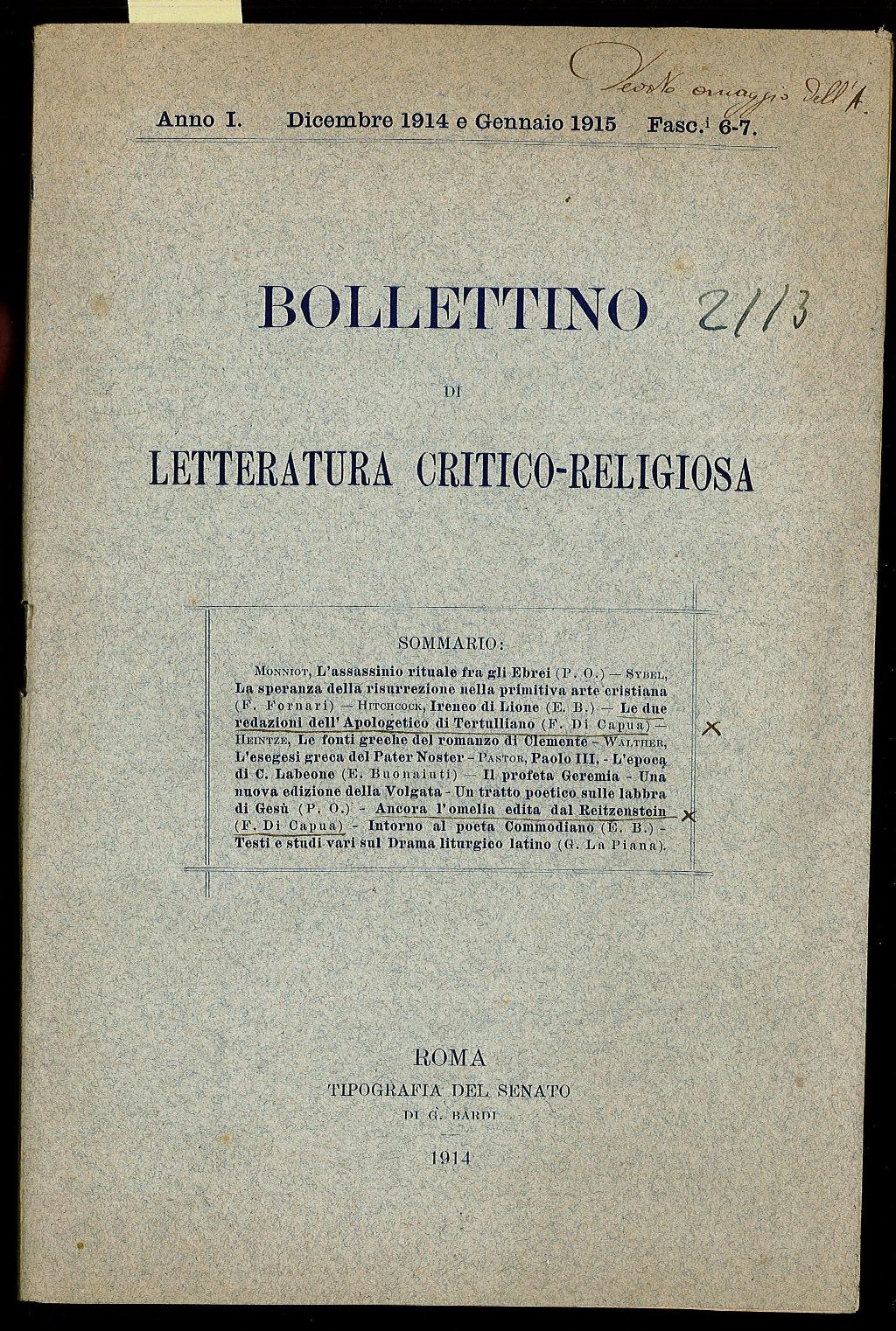 Bollettino di letteratura critico-religiosa