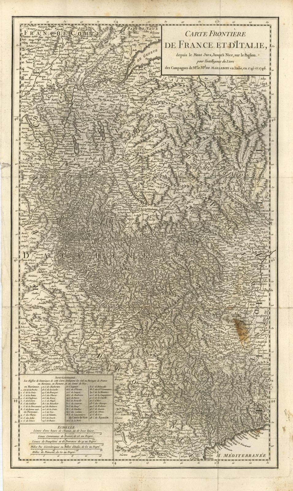 Carte Frontière de France et d'Italie depuis le Mont Jura, …