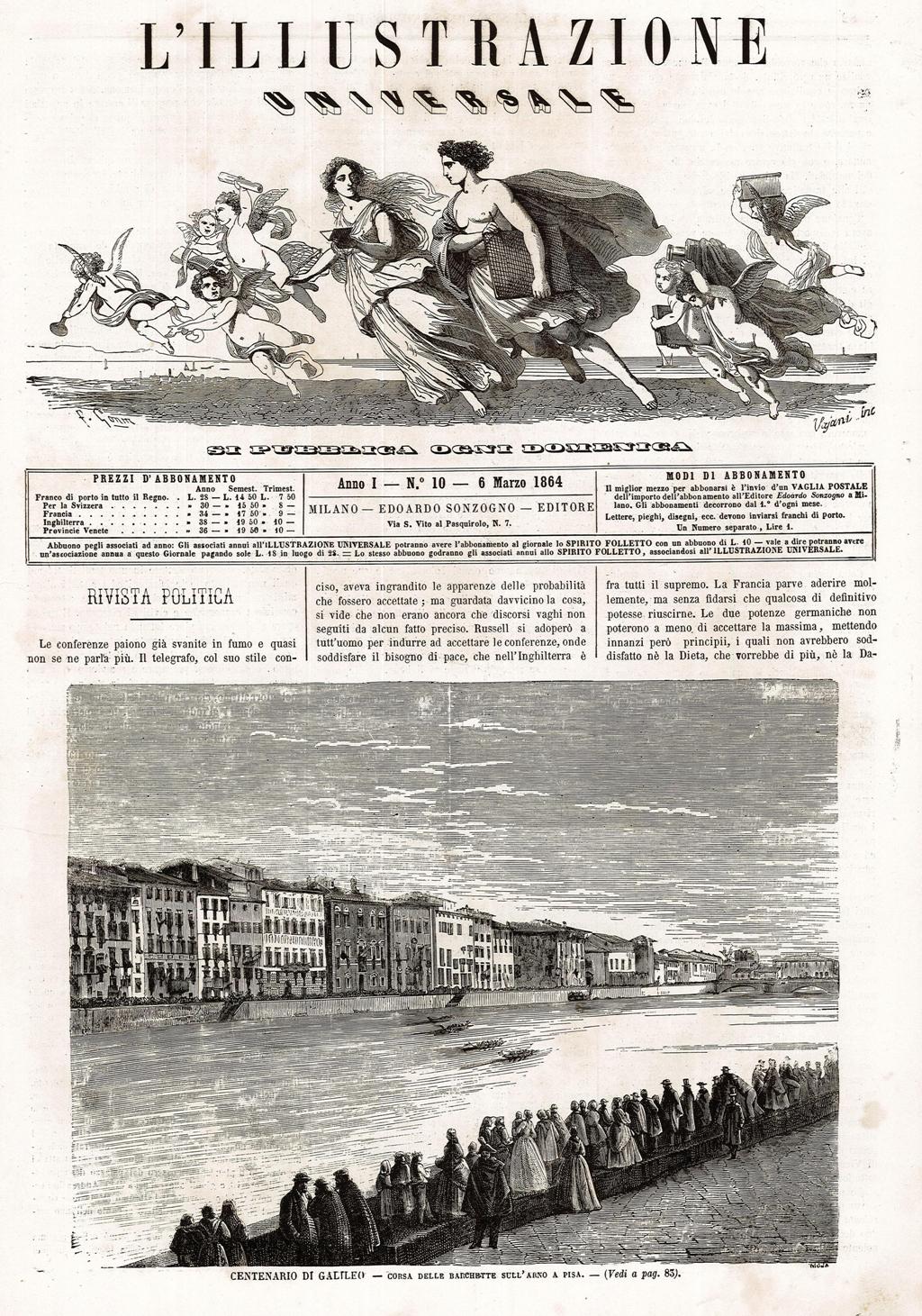 Centenario di Galileo. Corsa delle barchette sull'arno a Pisa