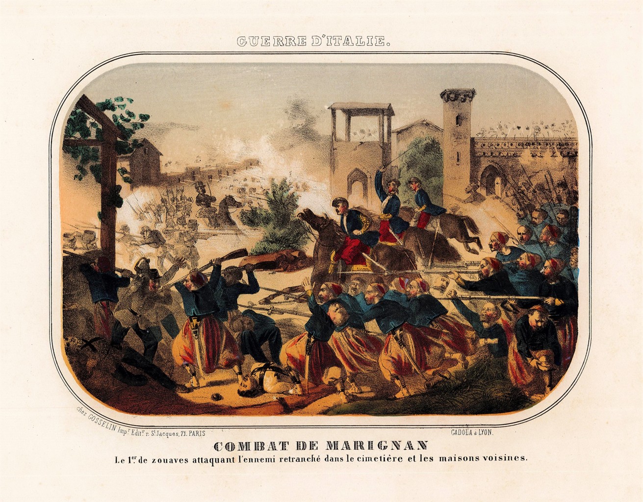 Combat de Marignan . Le 1.er de zouaves attaquant l'ennemi …