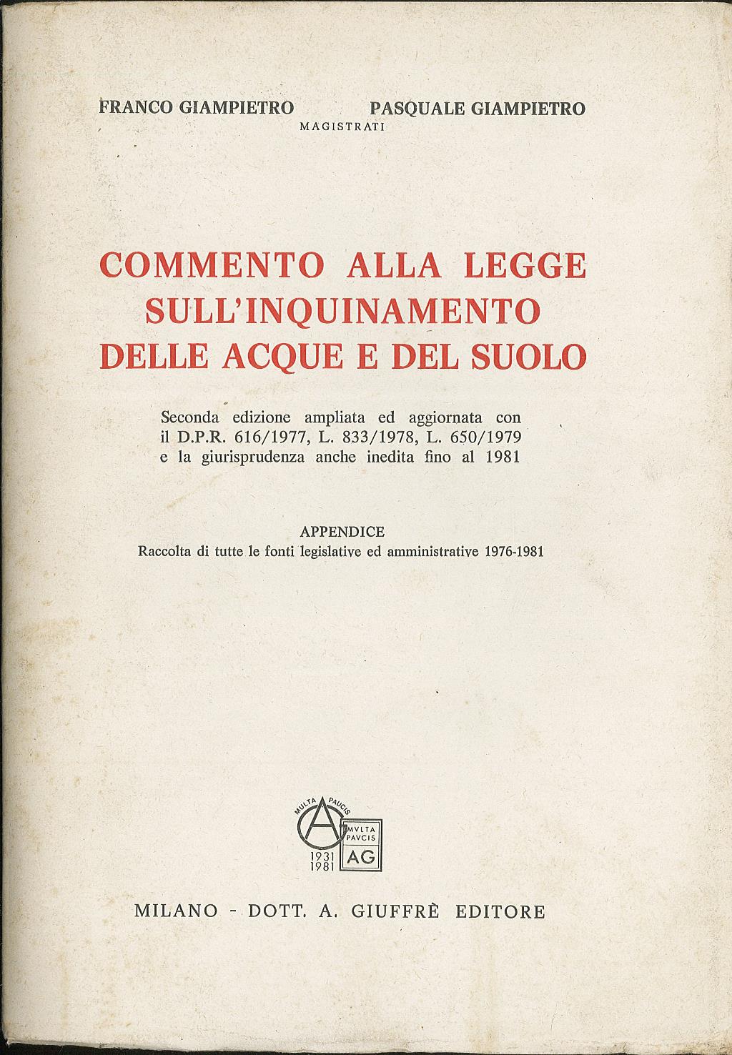 Commento alla legge sull'inquinamento delle acque e del suolo
