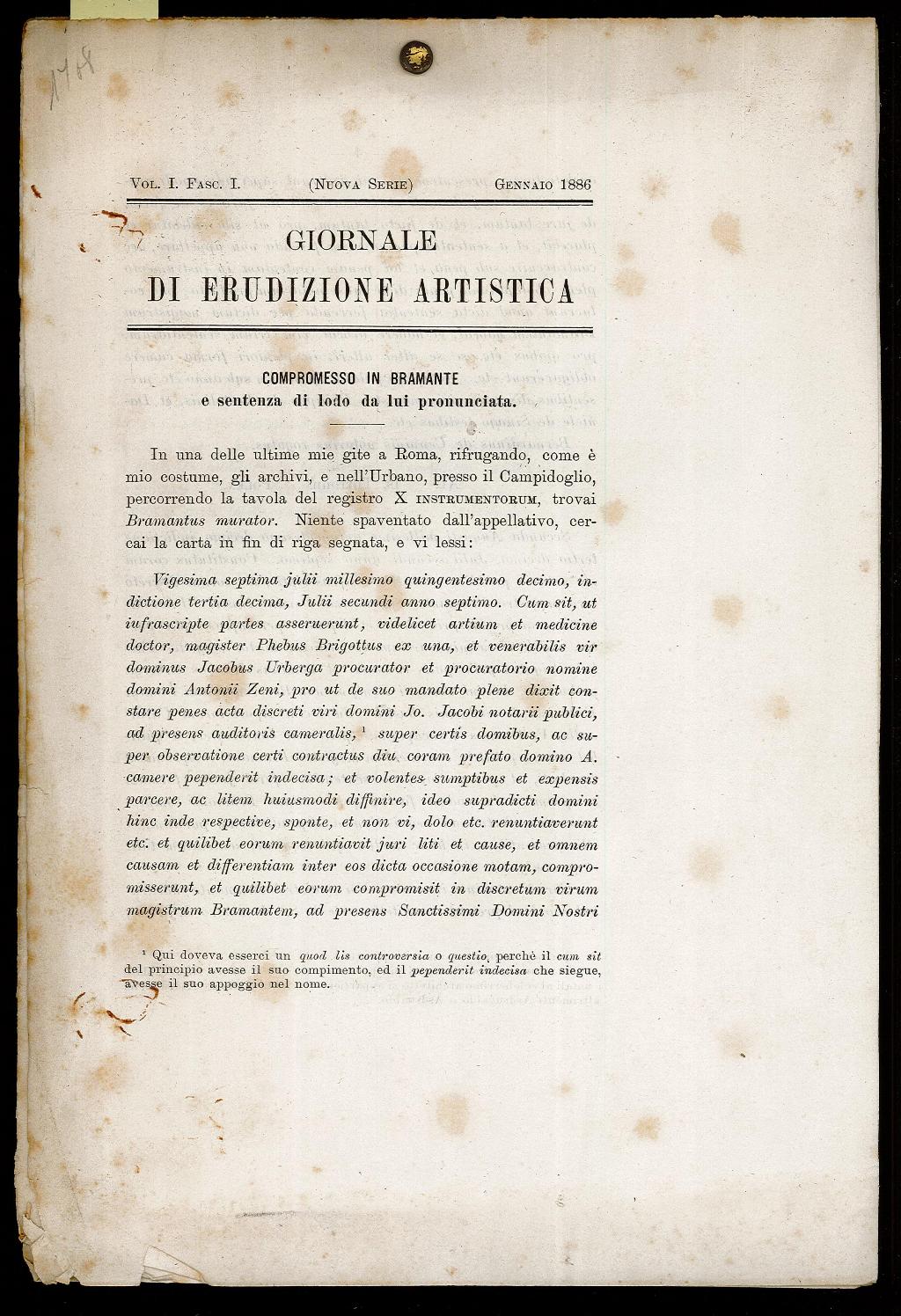 Compromesso in Bramante e sentenza di lodo da lui pronunciata