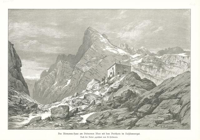 Das Riemanns=haus am Steinernen Meer mit dem Breithorn im Salzkammergut.