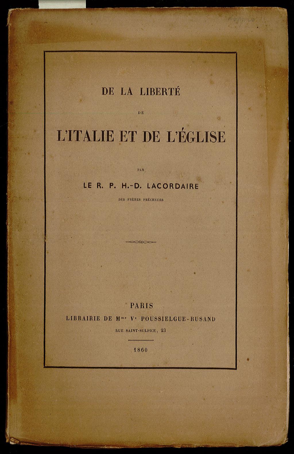 De la liberté de l’ Italie et de l’église
