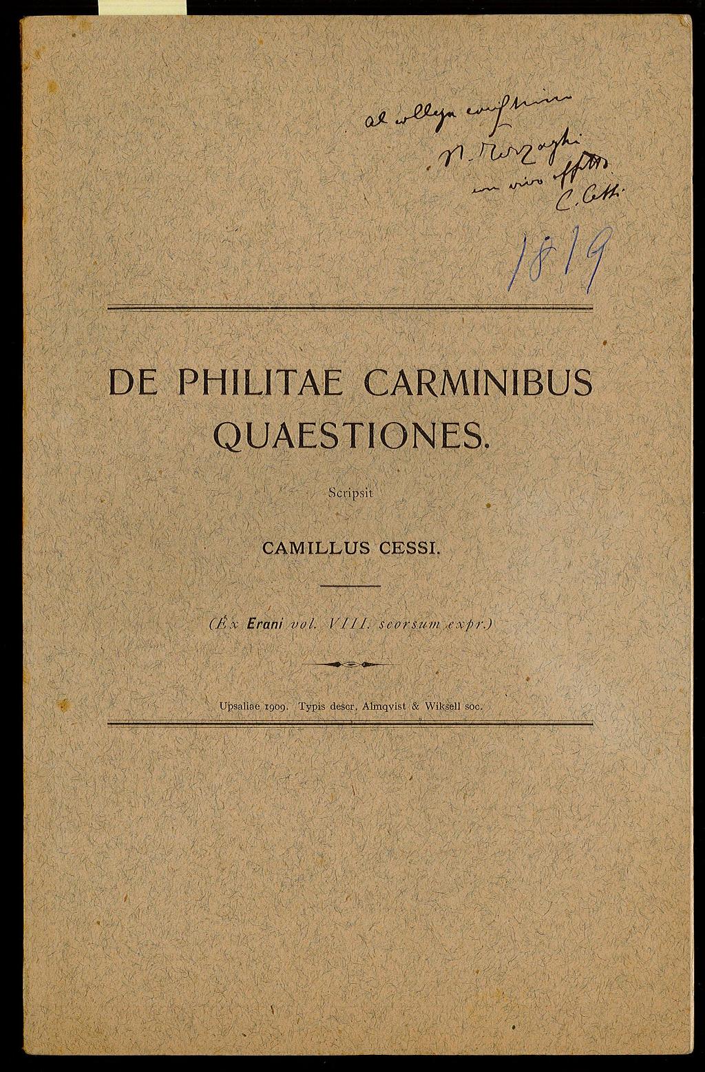 De Philitae Carminibus Quaestiones