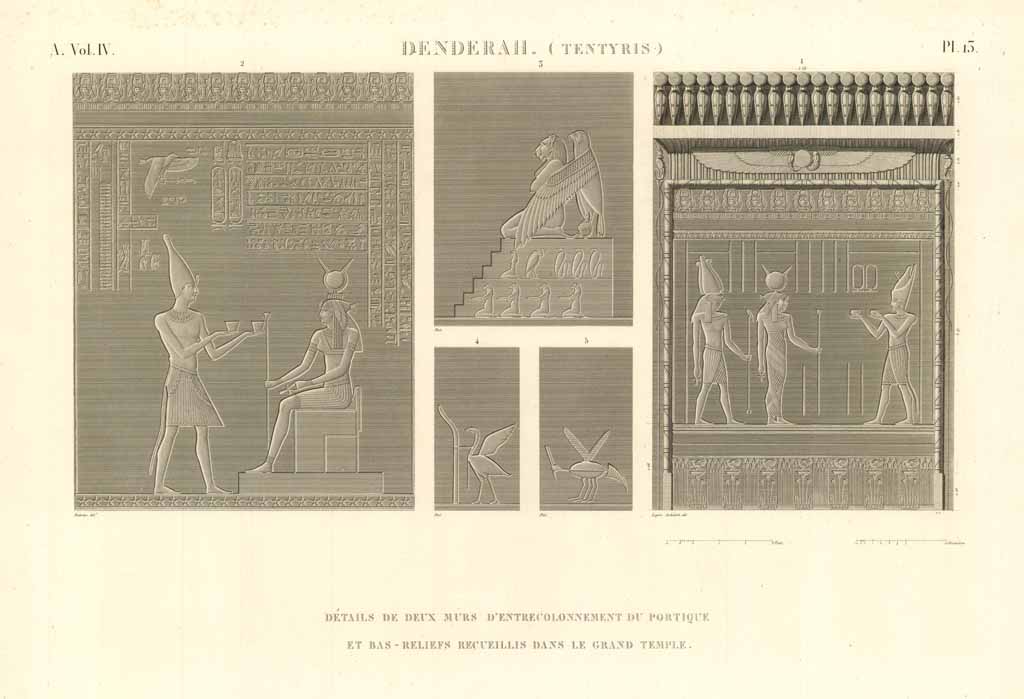 Denderah. (Tentyris) - Détails de deux murs d'entrecolonnement du portuque …