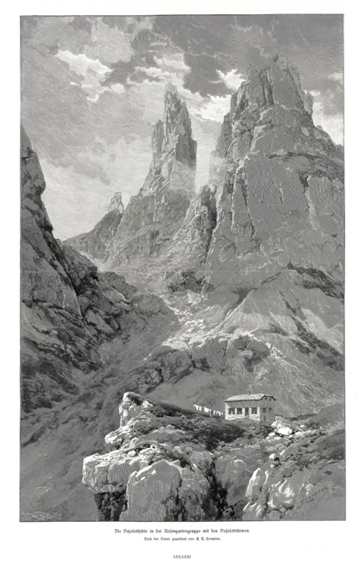 Die Vaioletthutte in der Rosengartengruppe mit den Vaioletturmen
